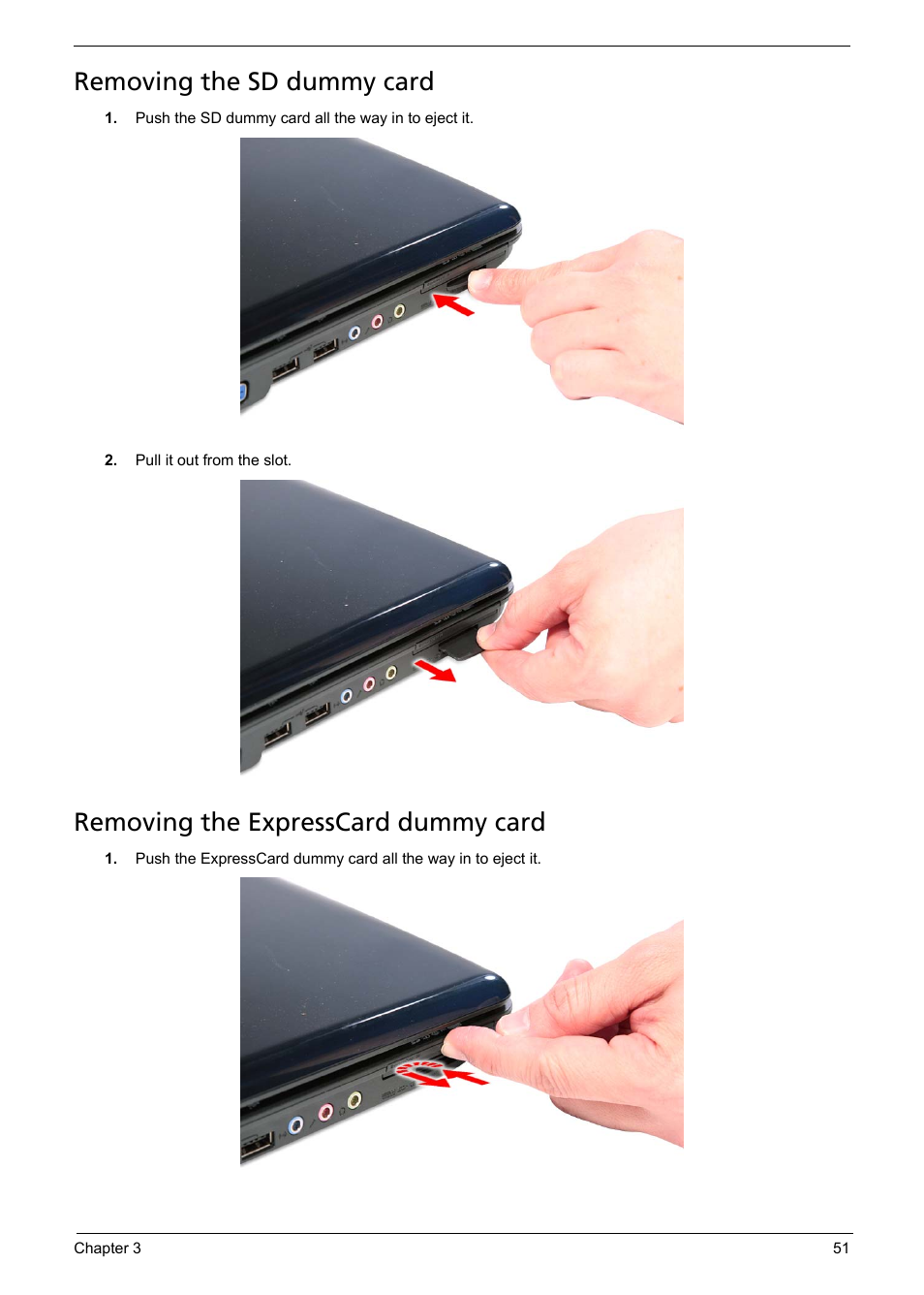 Removing the sd dummy card, Removing the expresscard dummy card | Aspire Digital 5335 User Manual | Page 61 / 154