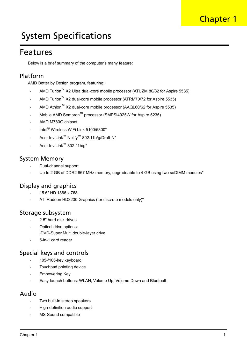System specifications, Features, Chapter 1 | Platform, Display and graphics, Storage subsystem, Special keys and controls, Audio | Aspire Digital 5235 User Manual | Page 11 / 156