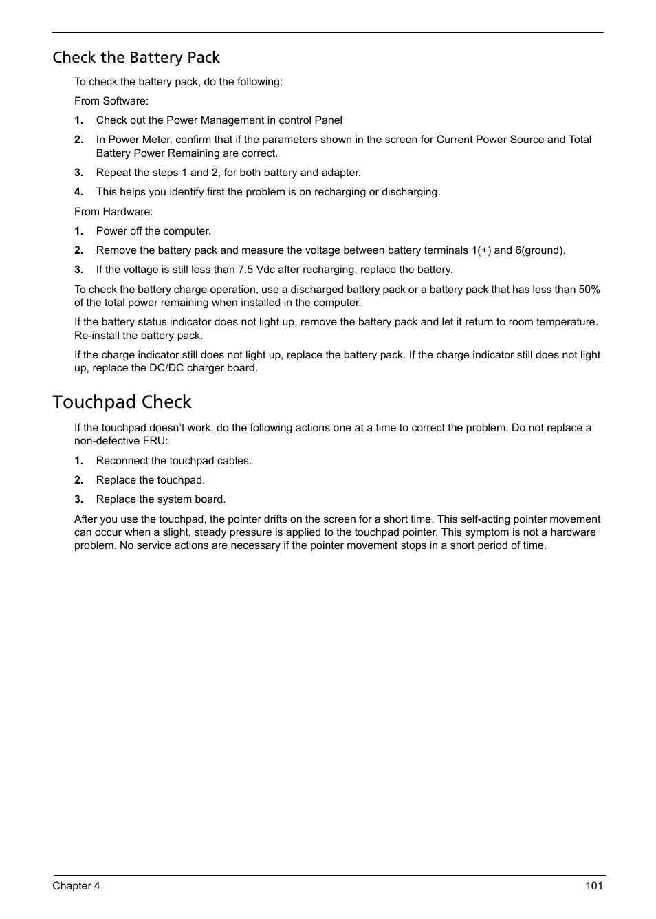Touchpad check, Check the battery pack | Aspire Digital 5235 User Manual | Page 113 / 156