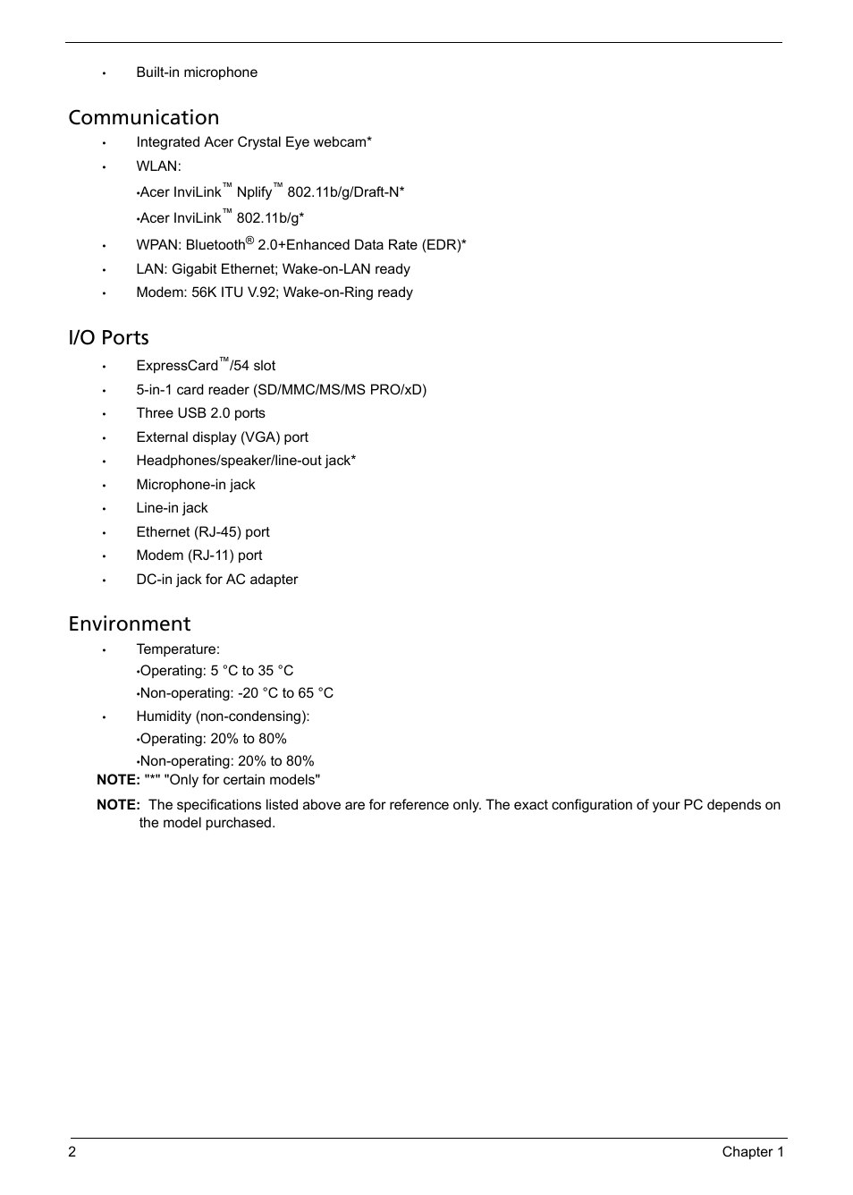 Communication, I/o ports, Environment | Aspire Digital 5235 User Manual | Page 12 / 156