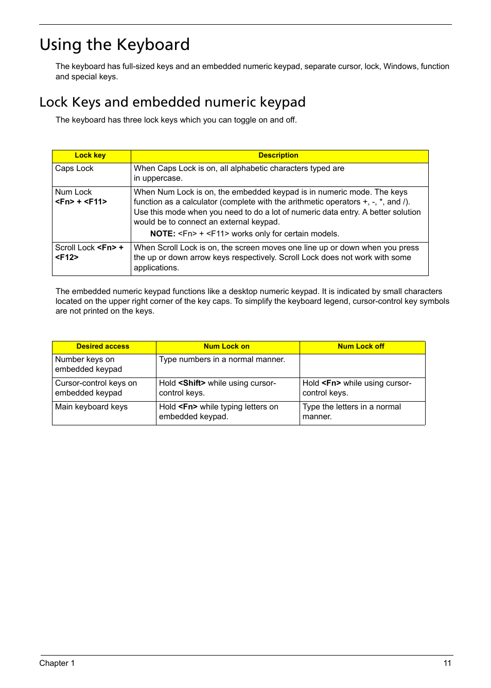 Using the keyboard, Lock keys and embedded numeric keypad | Aspire Digital 5235 User Manual | Page 21 / 156