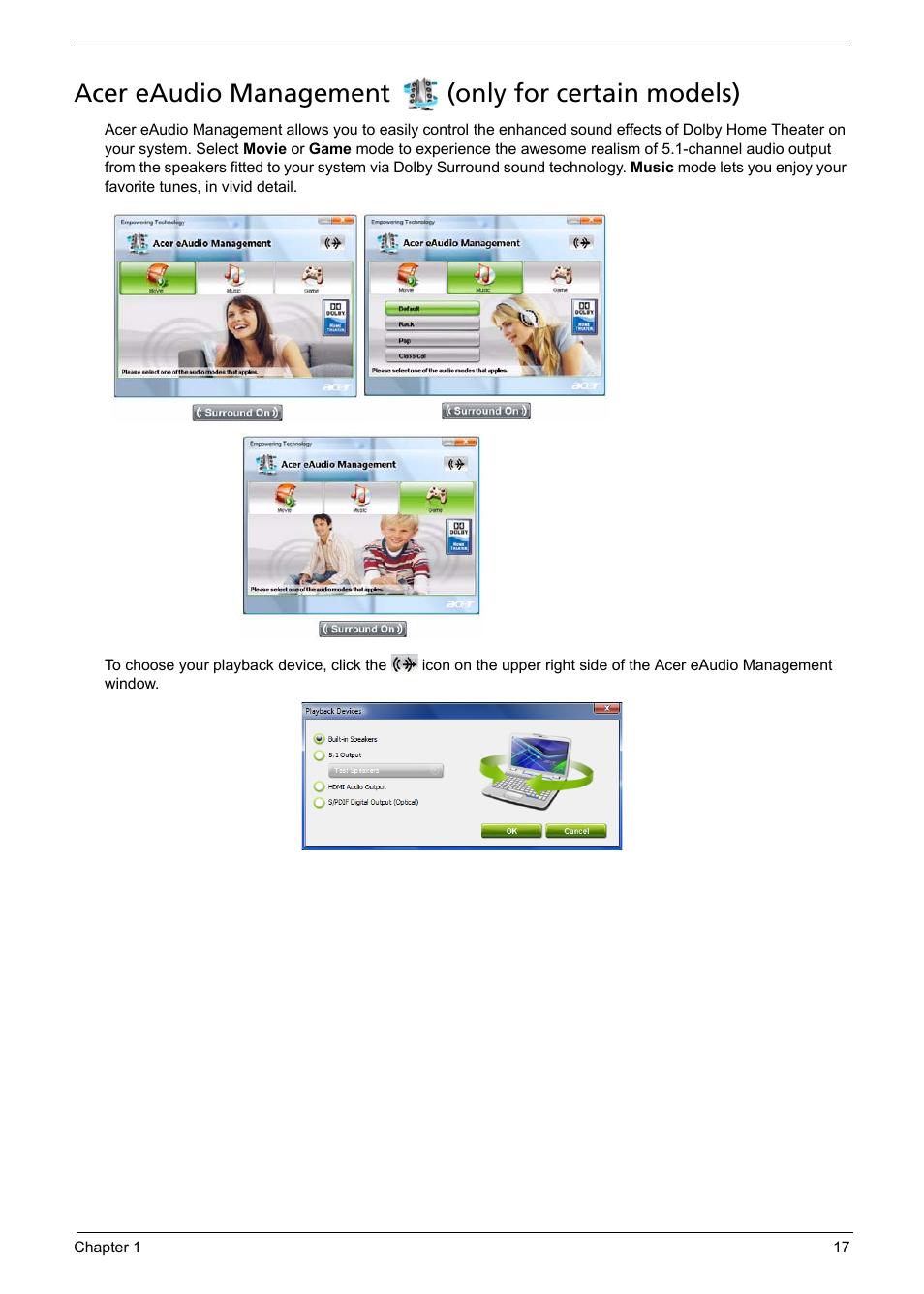Acer eaudio management (only for certain models), Acer eaudio management, Only for certain models) | Aspire Digital 5235 User Manual | Page 27 / 156