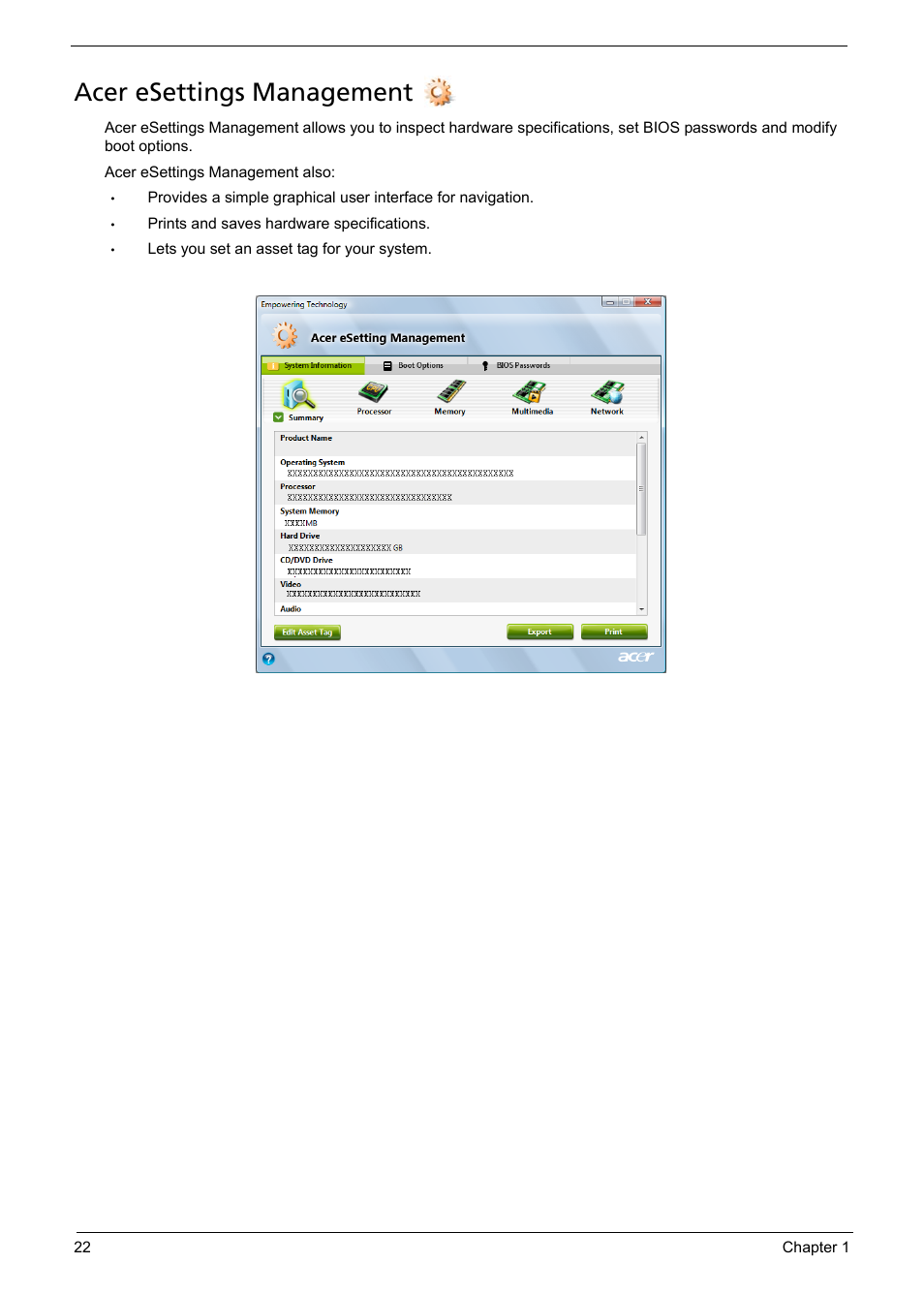 Acer esettings management | Aspire Digital 5235 User Manual | Page 32 / 156