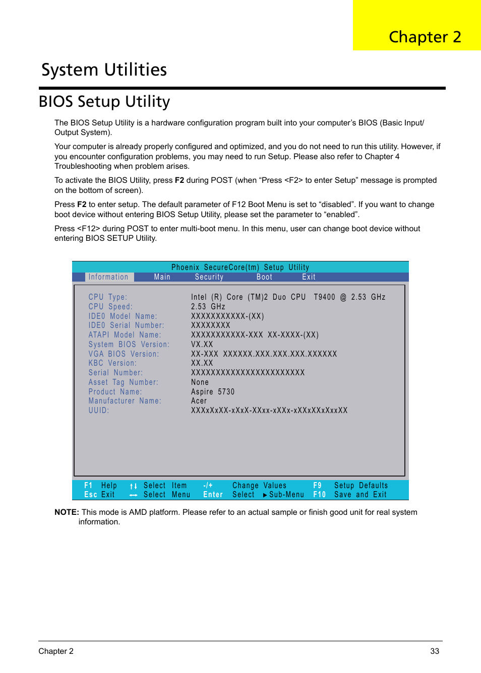 System utilities, Bios setup utility, Chapter 2 | Aspire Digital 5235 User Manual | Page 45 / 156