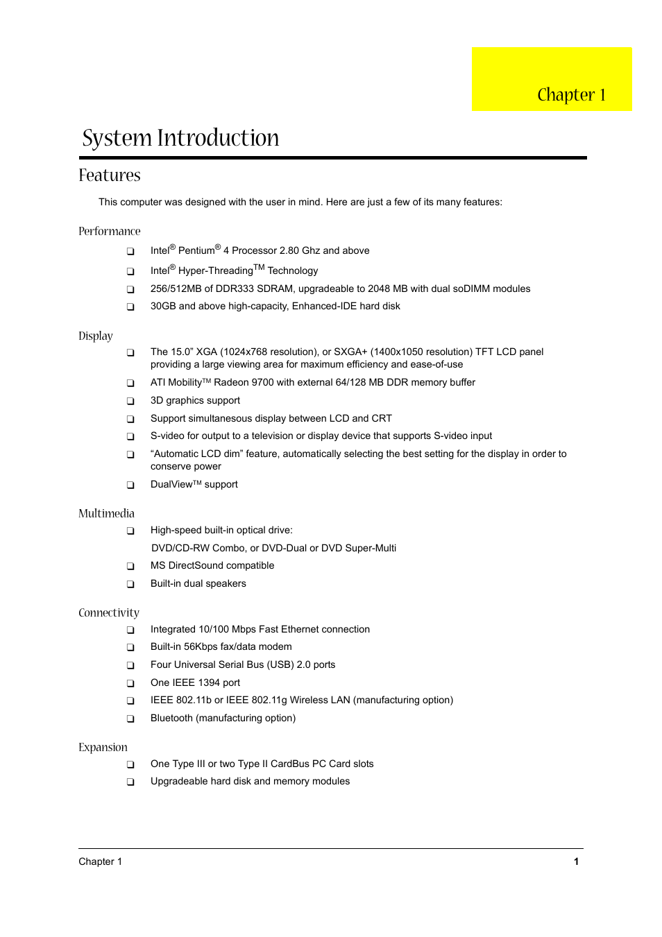 Ch.1 system introduction, Features, System introduction | Chapter 1, Performance, Display, Multimedia, Connectivity, Expansion | Aspire Digital 1620 User Manual | Page 10 / 134