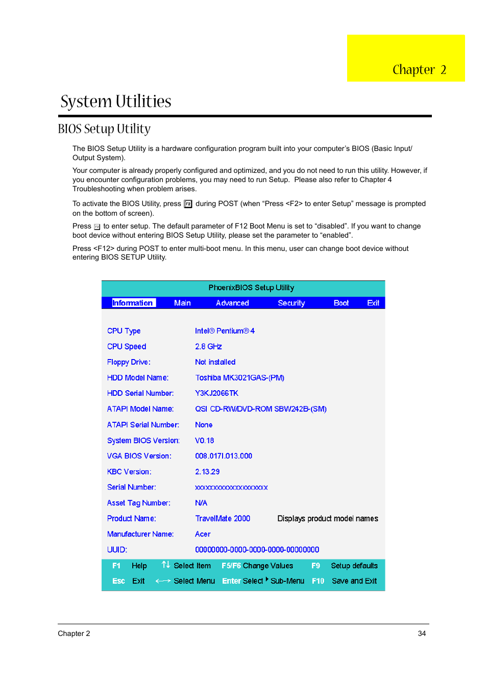 Ch.2 system utilities, Bios setup utility, System utilities | Chapter 2 | Aspire Digital 1620 User Manual | Page 43 / 134