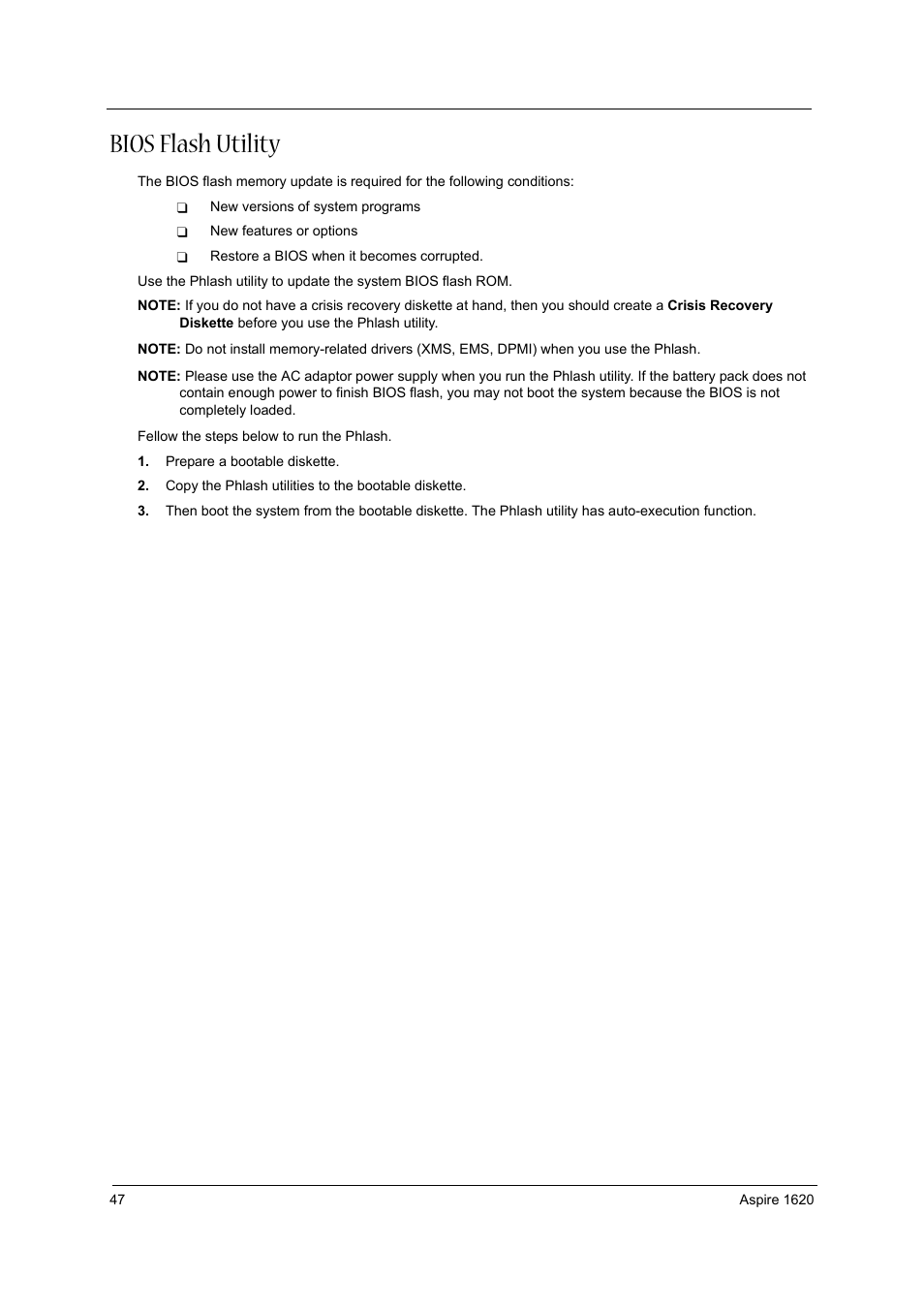 Bios flash utility | Aspire Digital 1620 User Manual | Page 56 / 134