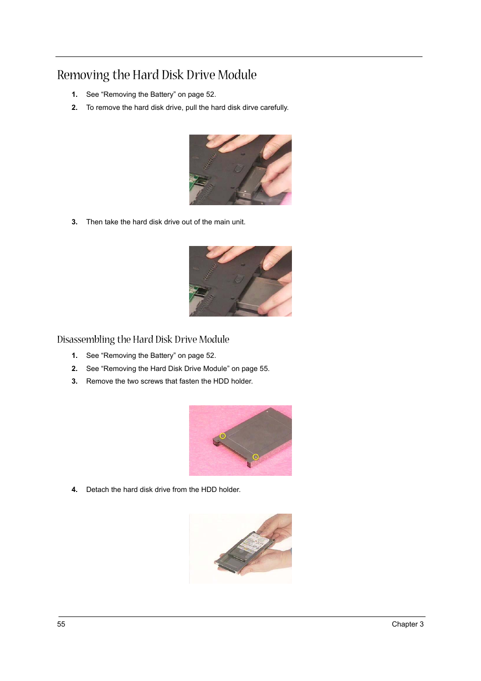 Removing the hard disk drive module, Disassembling the hard disk drive module | Aspire Digital 1620 User Manual | Page 64 / 134