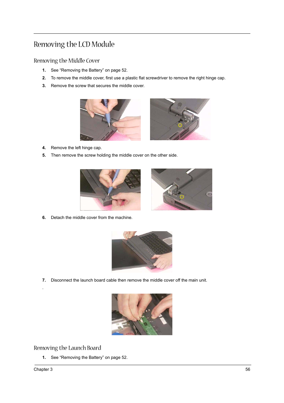 Removing the lcd module, Removing the middle cover, Removing the launch board | Aspire Digital 1620 User Manual | Page 65 / 134