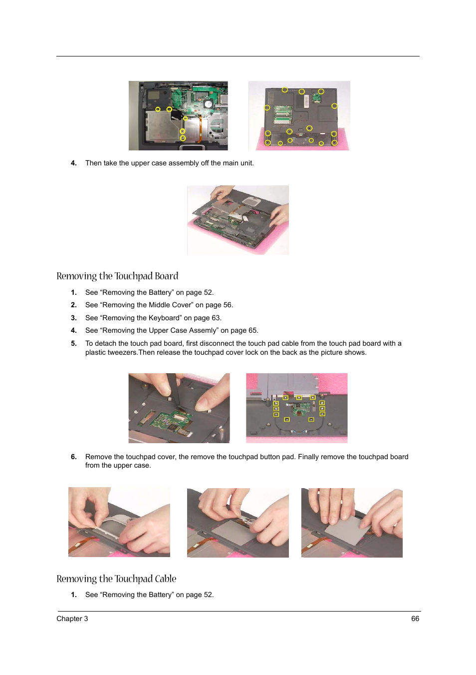 Removing the touchpad board, Removing the touchpad cable | Aspire Digital 1620 User Manual | Page 75 / 134