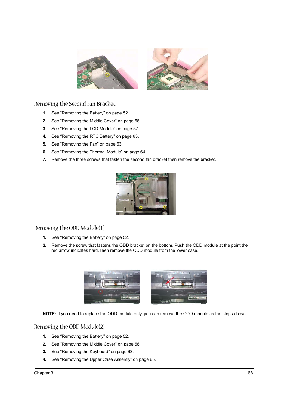 Removing the second fan bracket, Removing the odd module(1), Removing the odd module(2) | Aspire Digital 1620 User Manual | Page 77 / 134
