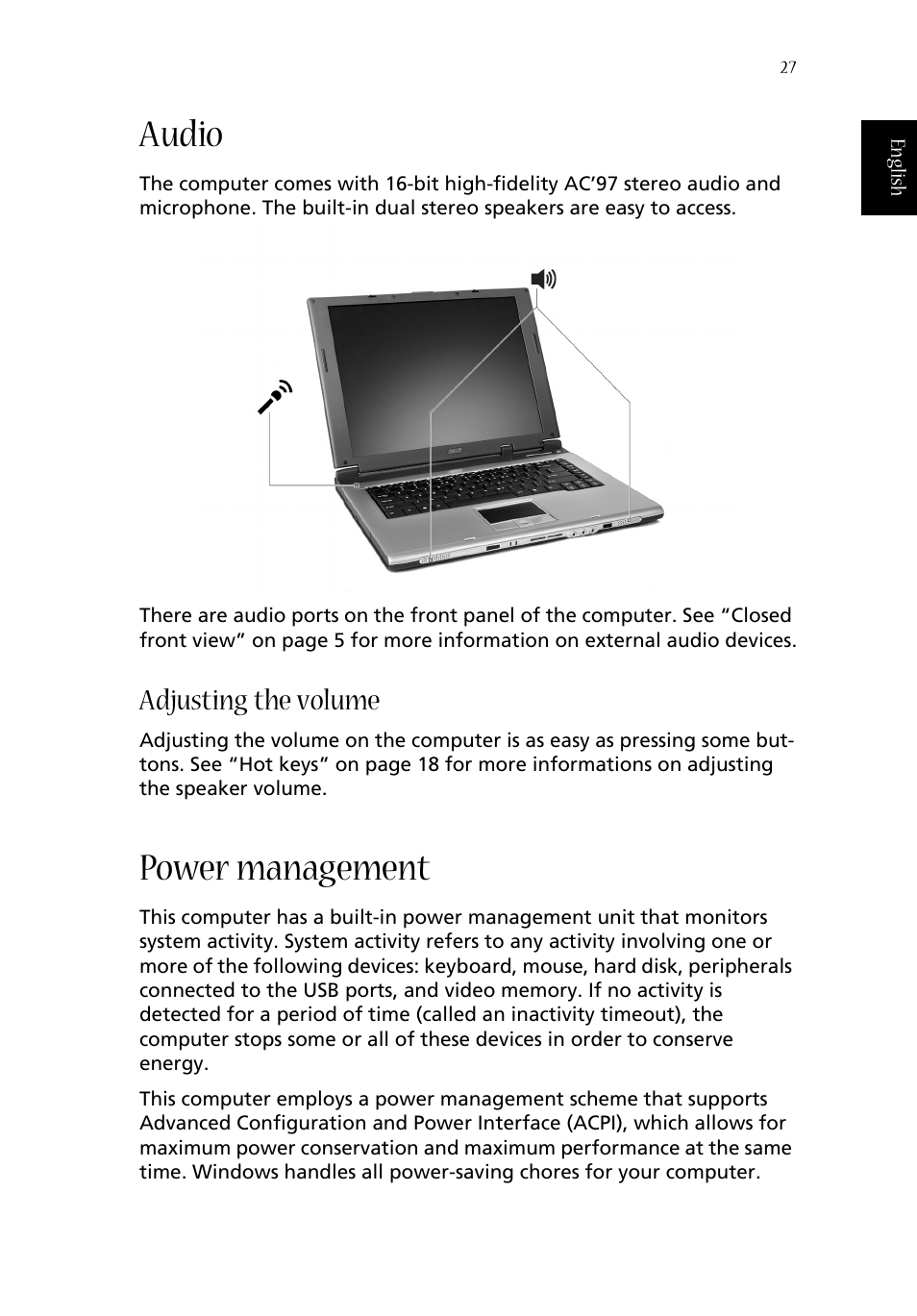Audio, Adjusting the volume, Power management | Aspire Digital ASPIRE 1410 User Manual | Page 35 / 105