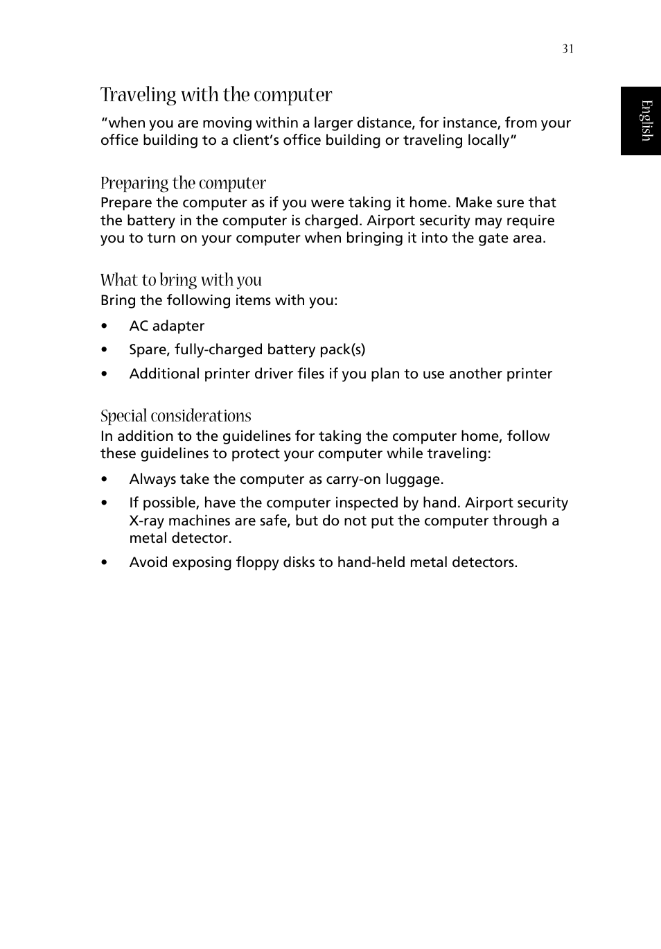Traveling with the computer, Preparing the computer, What to bring with you | Special considerations | Aspire Digital ASPIRE 1410 User Manual | Page 39 / 105