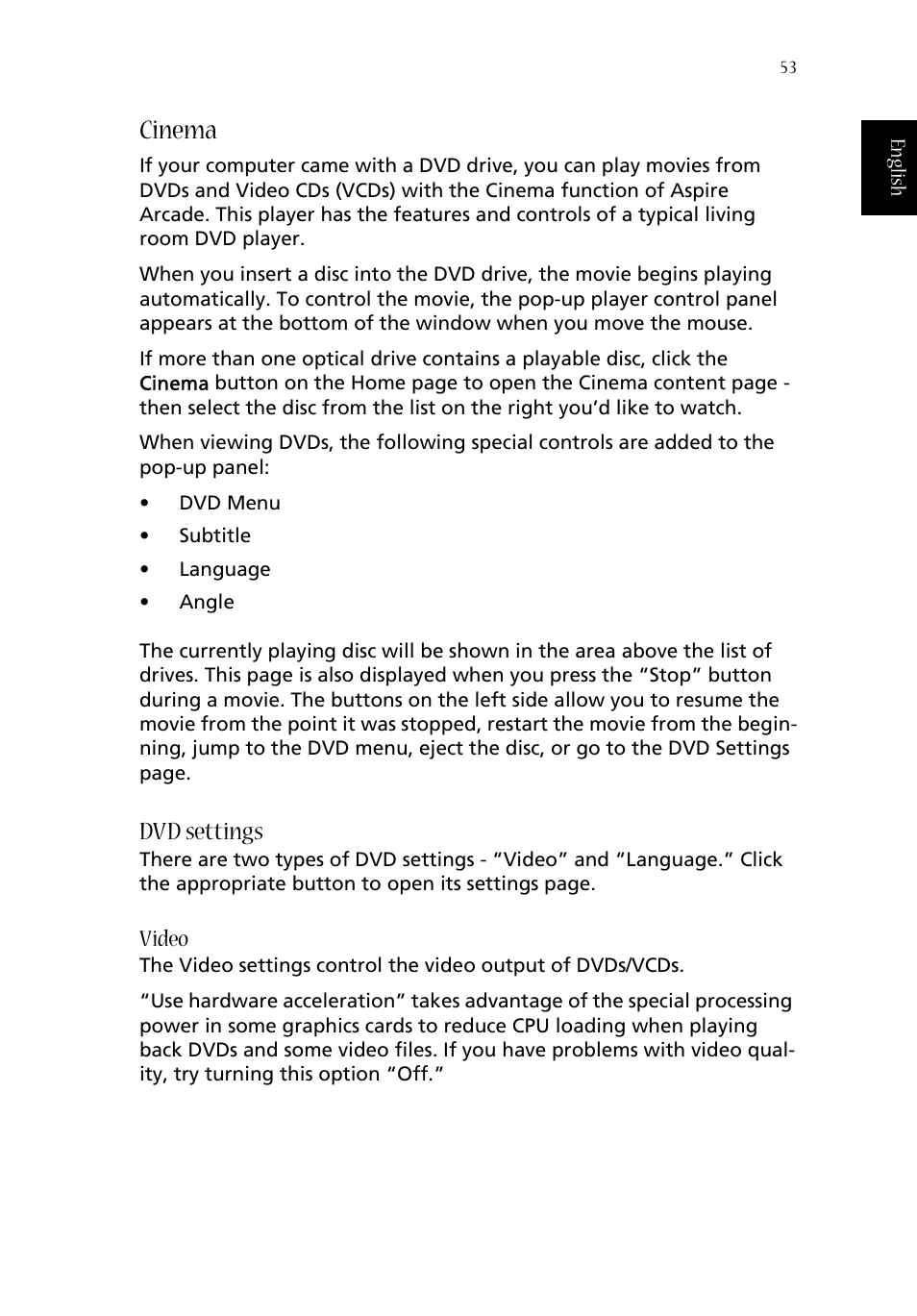 Cinema, Dvd settings, Video | Aspire Digital ASPIRE 1410 User Manual | Page 61 / 105