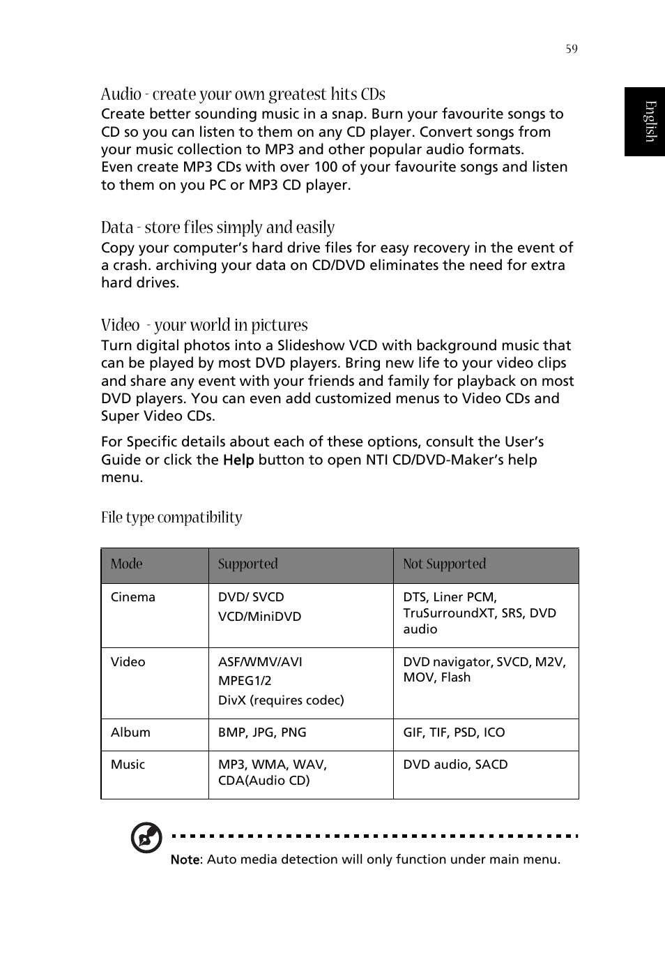 Audio - create your own greatest hits cds, Data - store files simply and easily, Video - your world in pictures | File type compatibility | Aspire Digital ASPIRE 1410 User Manual | Page 67 / 105