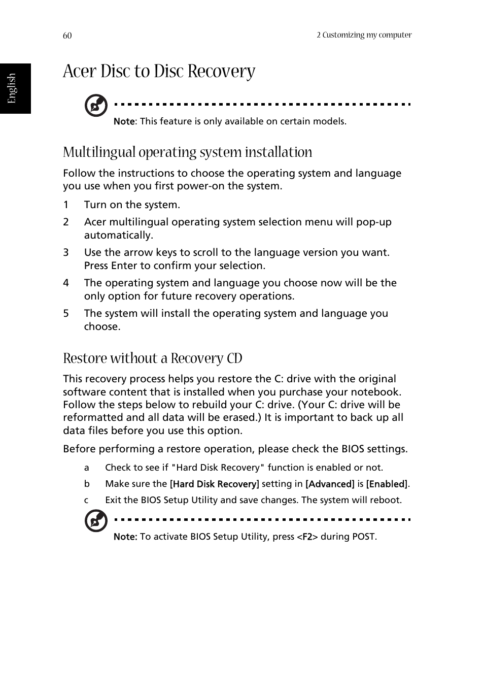 Acer disc to disc recovery, Multilingual operating system installation, Restore without a recovery cd | Aspire Digital ASPIRE 1410 User Manual | Page 68 / 105