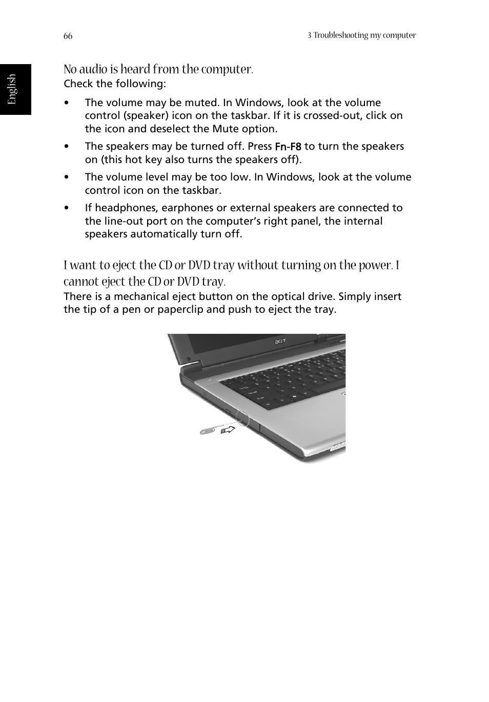 No audio is heard from the computer | Aspire Digital ASPIRE 1410 User Manual | Page 74 / 105
