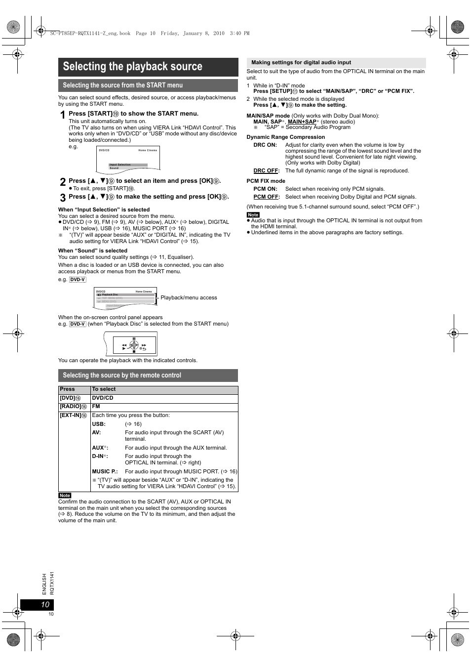 Selecting the playback source | Panasonic SCPT85 User Manual | Page 10 / 94