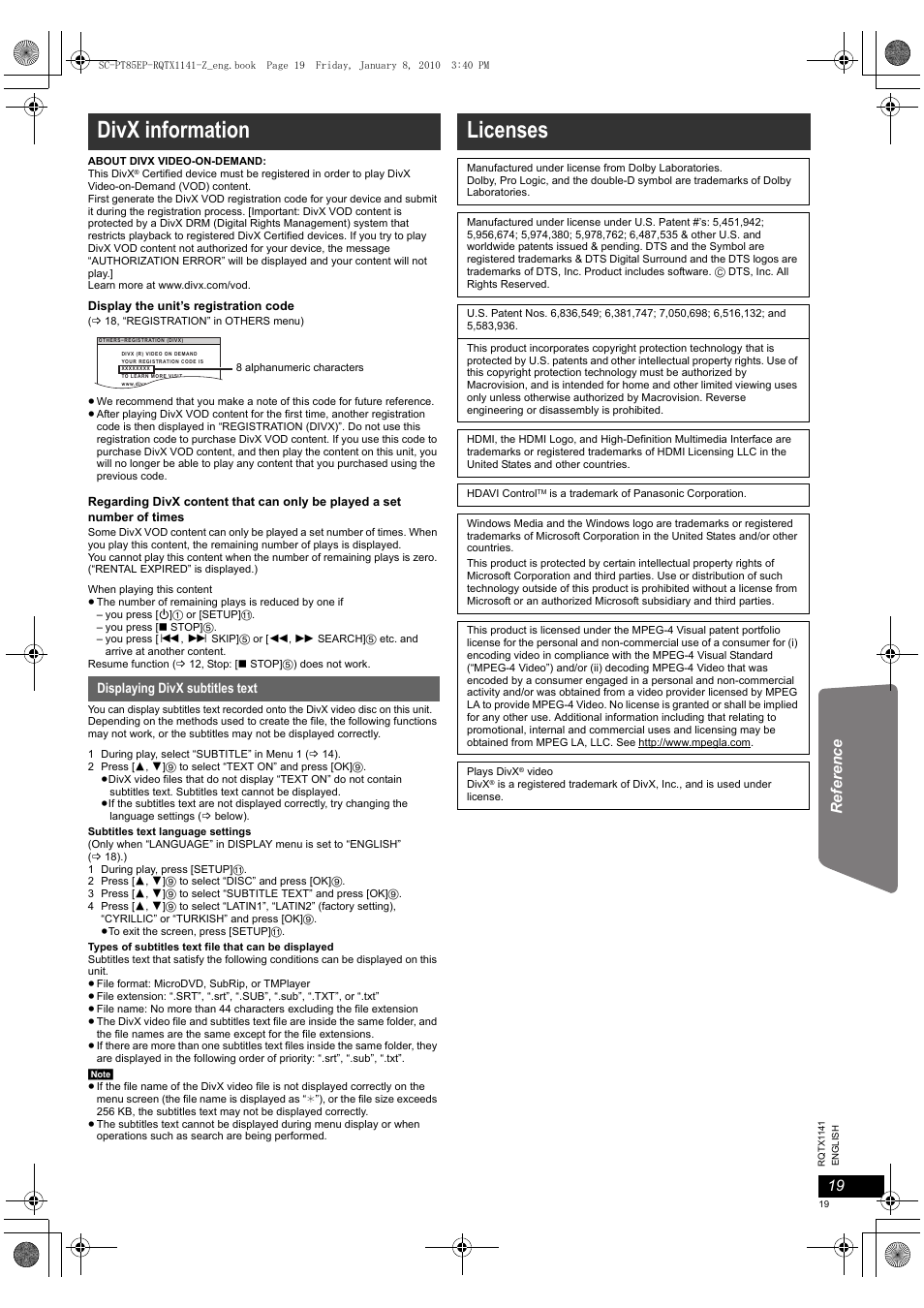 Divx information, Licenses, Reference | Displaying divx subtitles text | Panasonic SCPT85 User Manual | Page 19 / 94