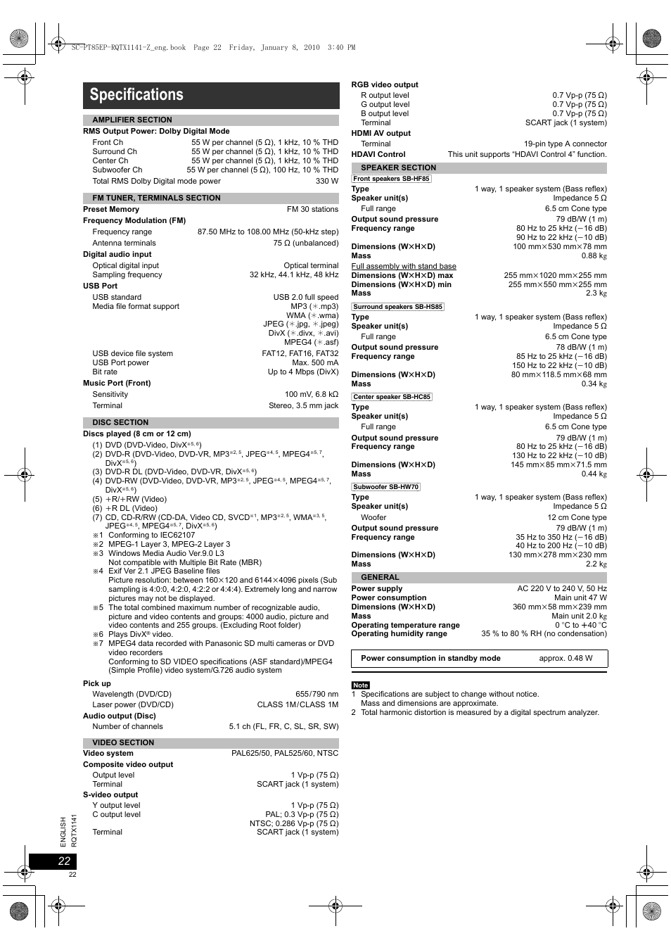 Specifications | Panasonic SCPT85 User Manual | Page 22 / 94