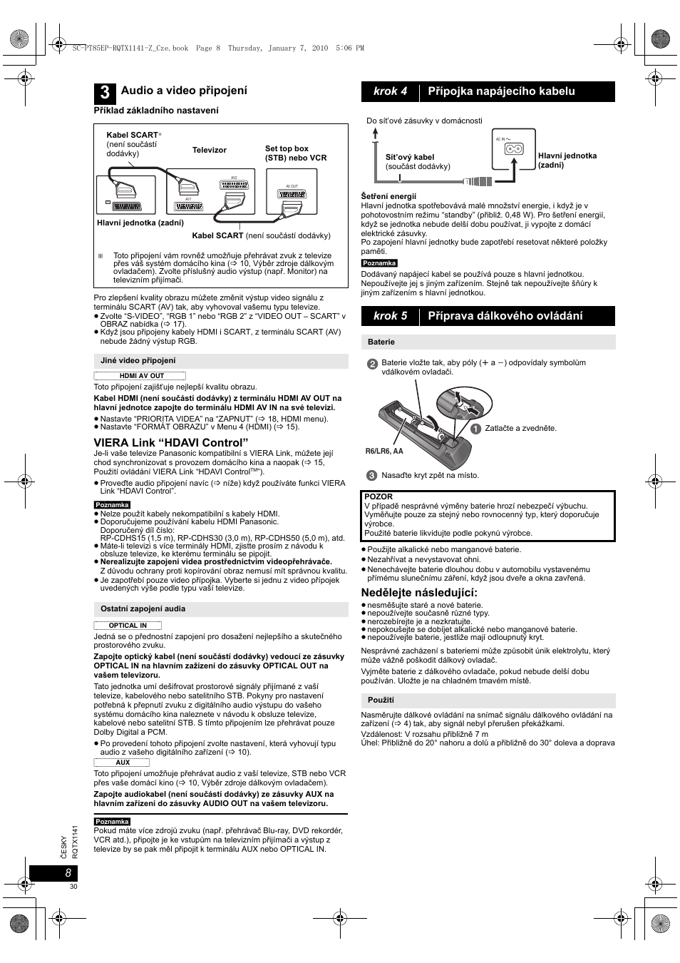 Viera link “hdavi control, Nedělejte následující, Audio a video připojení | Panasonic SCPT85 User Manual | Page 30 / 94