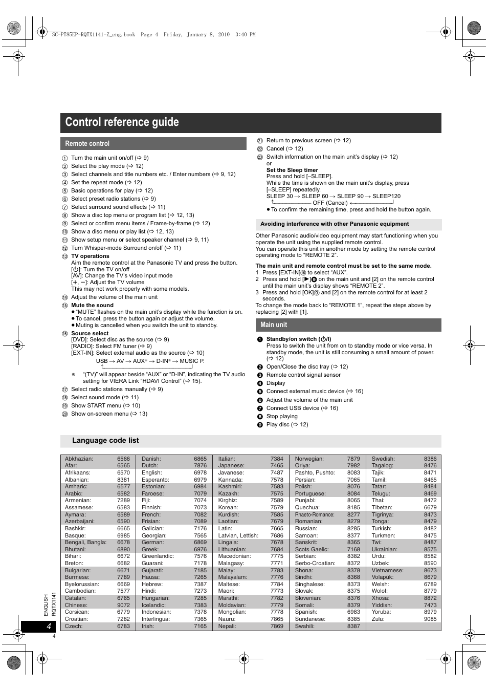 Control reference guide | Panasonic SCPT85 User Manual | Page 4 / 94