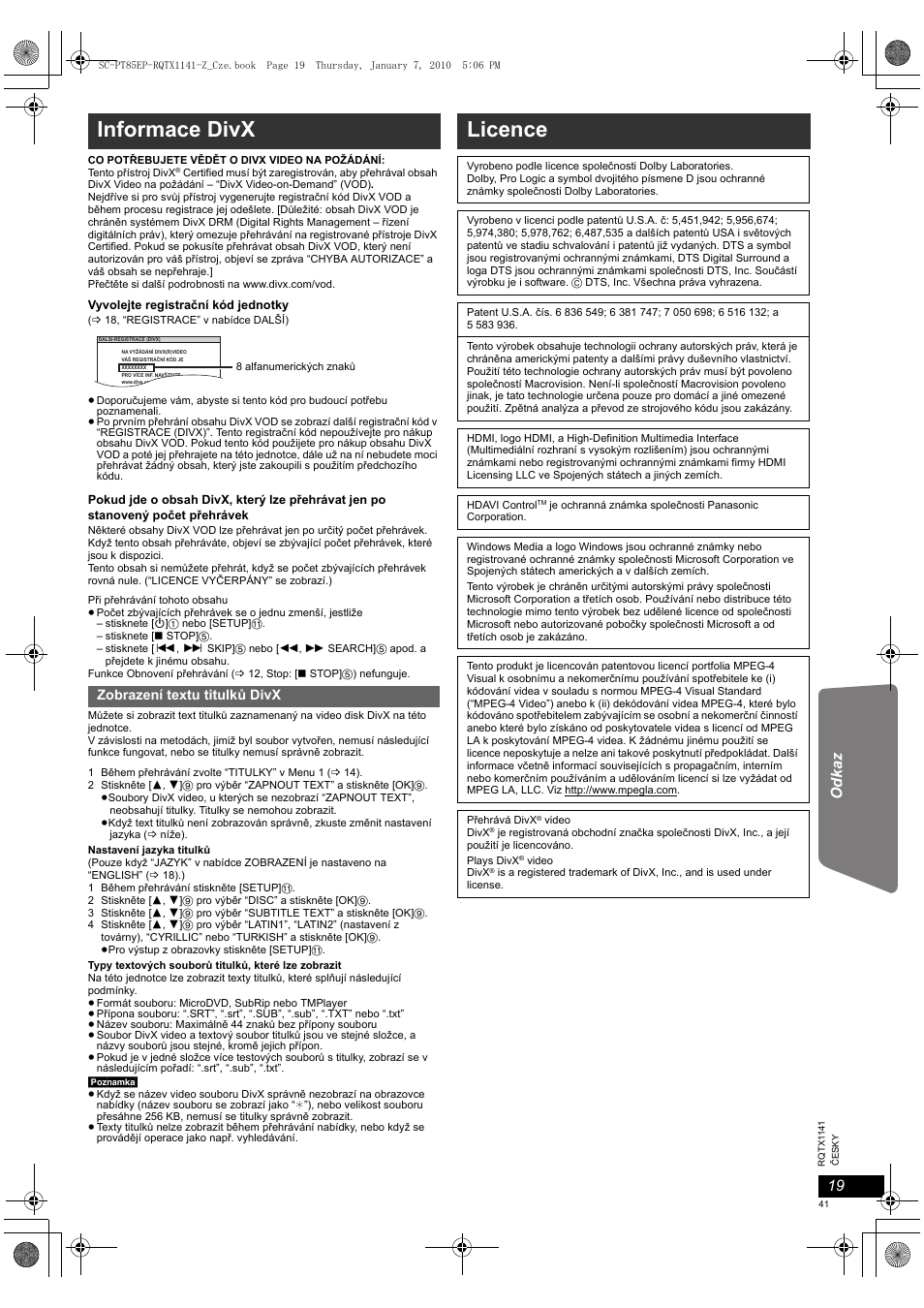 Informace divx, Licence, Odkaz | Zobrazení textu titulků divx | Panasonic SCPT85 User Manual | Page 41 / 94