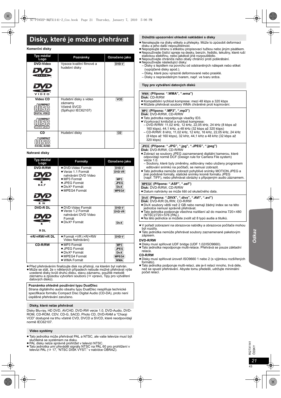 Disky, které je možno přehrávat, Odkaz | Panasonic SCPT85 User Manual | Page 43 / 94