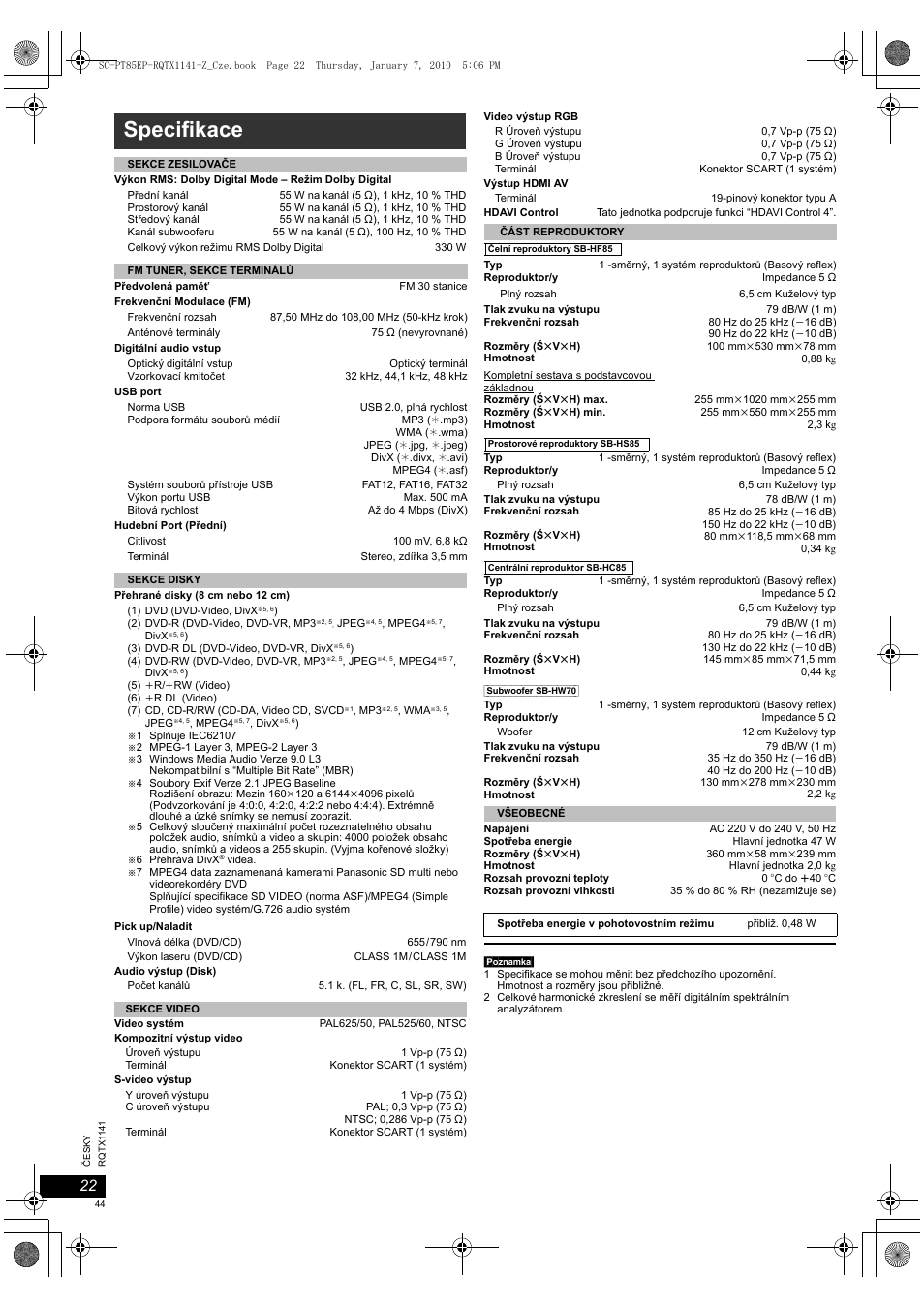 Specifikace | Panasonic SCPT85 User Manual | Page 44 / 94