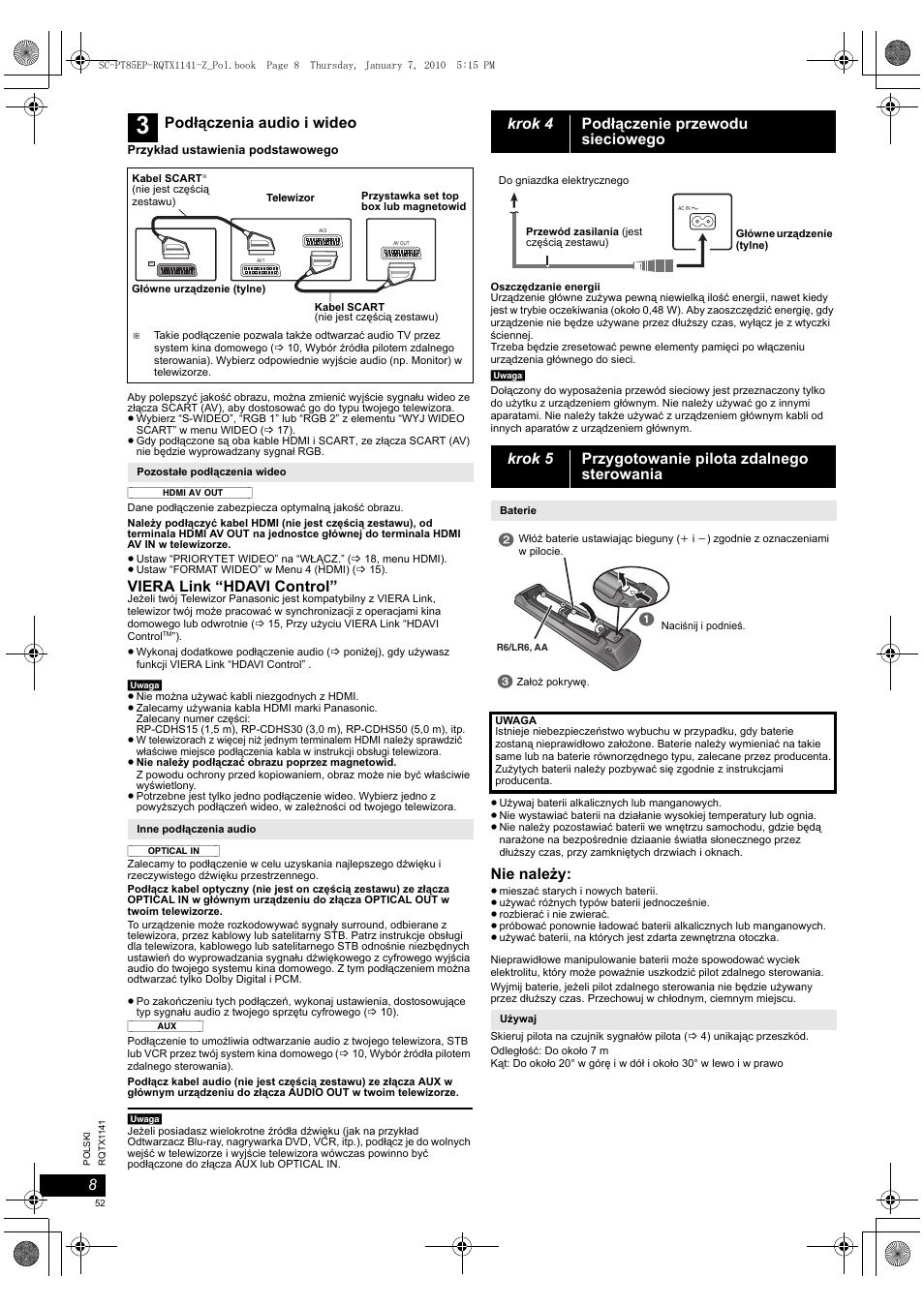 Viera link “hdavi control, Nie należy, Podłączenia audio i wideo | Panasonic SCPT85 User Manual | Page 52 / 94