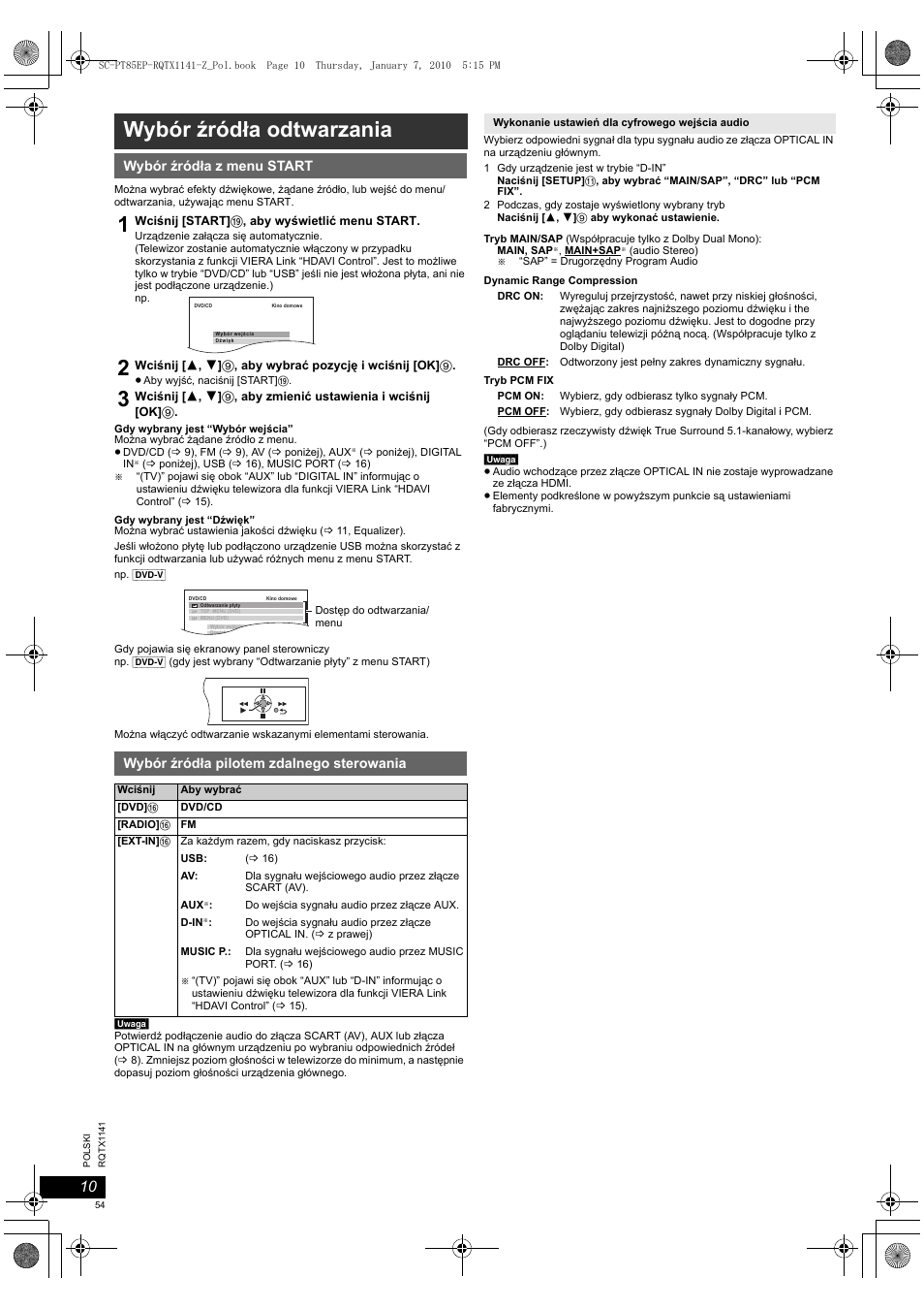 Wybór źródła odtwarzania | Panasonic SCPT85 User Manual | Page 54 / 94