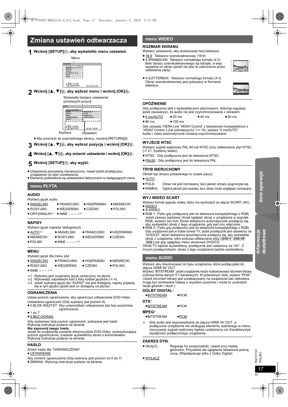 Zmiana ustawień odtwarzacza 1, Inn e ope rac je in forma cje d oda tko w e | Panasonic SCPT85 User Manual | Page 61 / 94