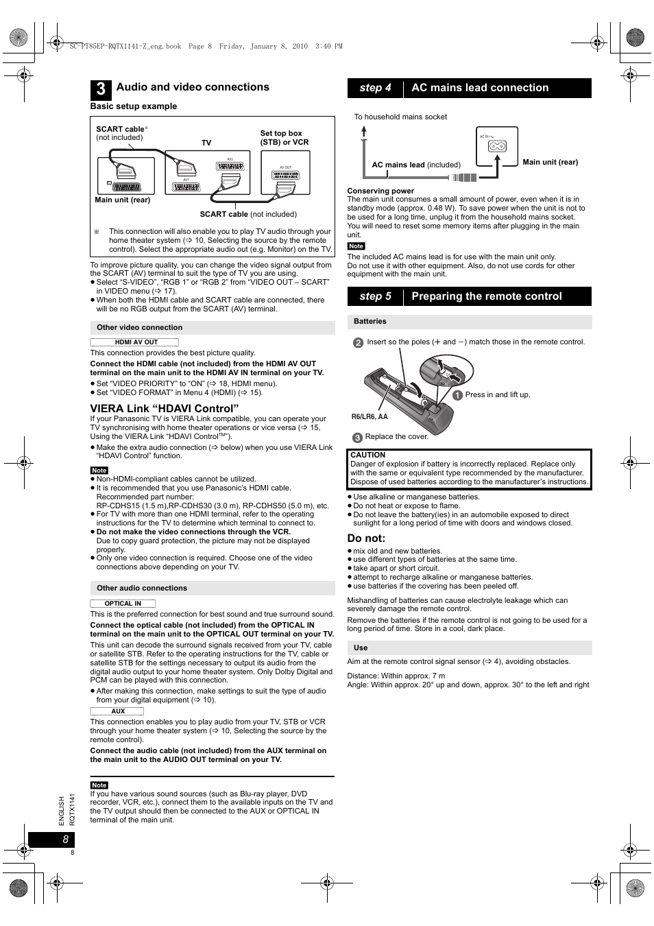 Viera link “hdavi control, Do not, Audio and video connections | Panasonic SCPT85 User Manual | Page 8 / 94