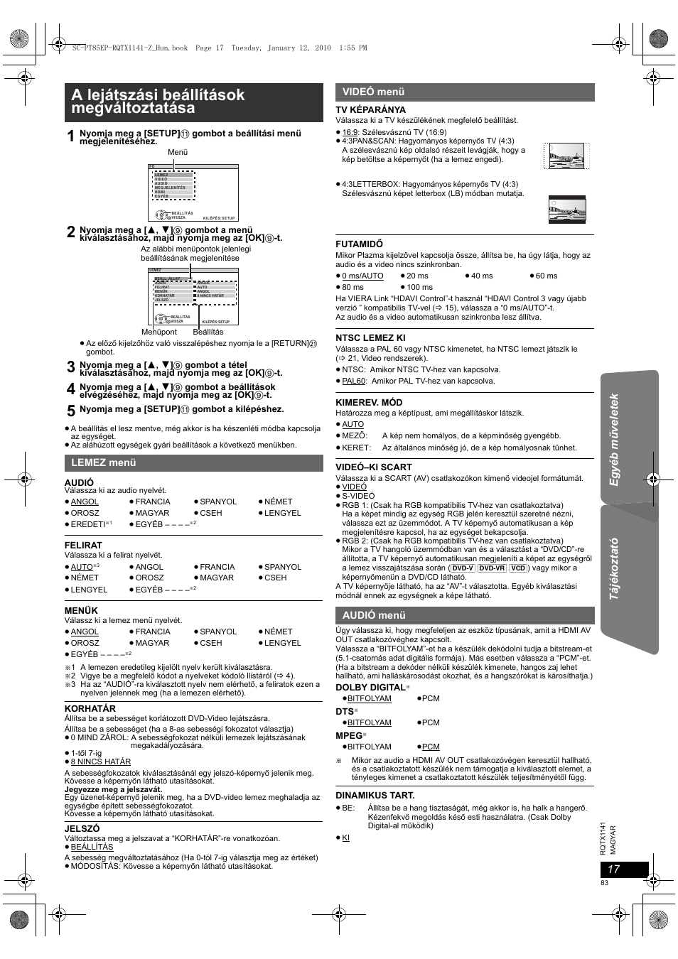 A lejátszási beállítások megváltoztatása 1 | Panasonic SCPT85 User Manual | Page 83 / 94