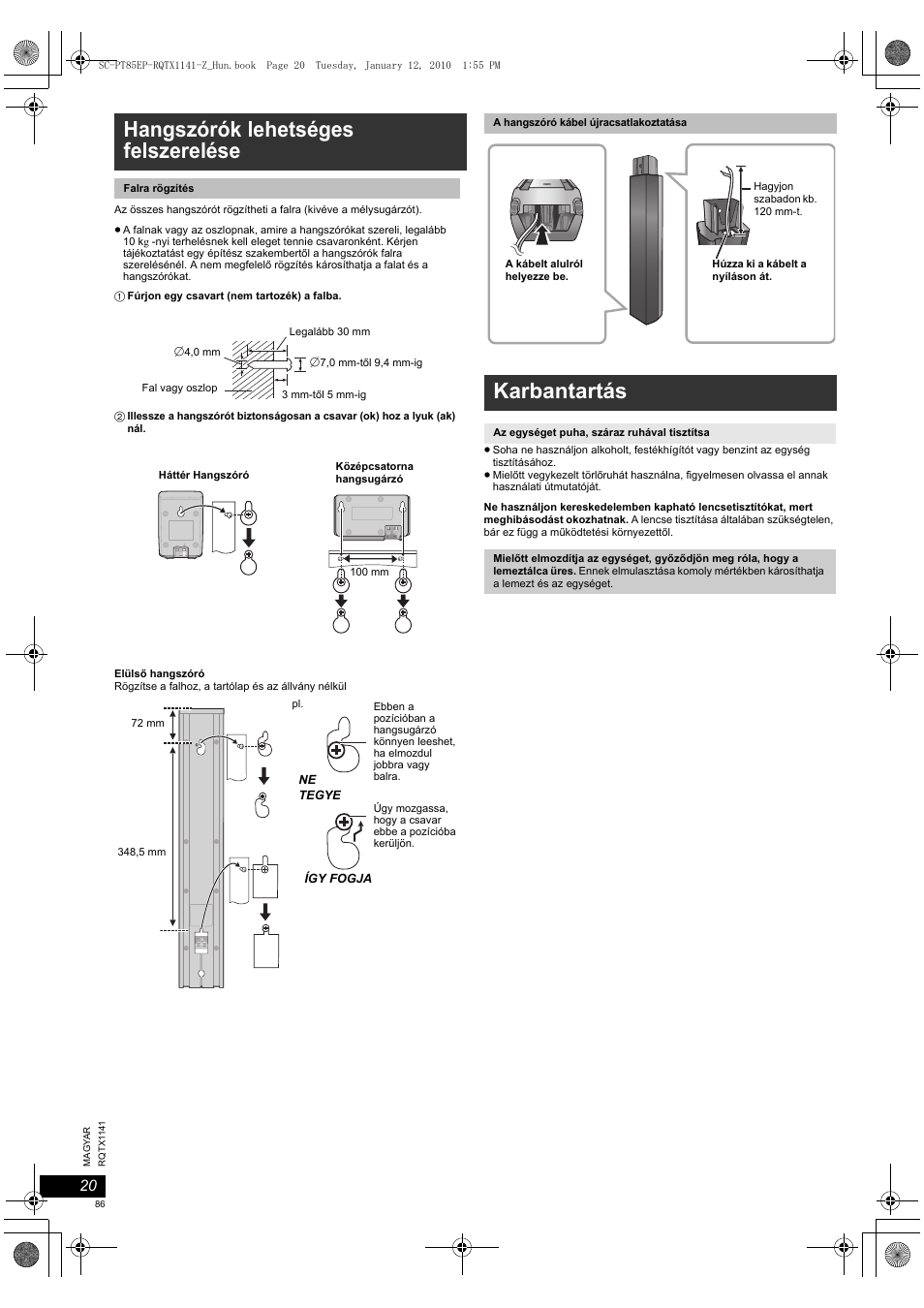 Hangszórók lehetséges felszerelése, Karbantartás | Panasonic SCPT85 User Manual | Page 86 / 94