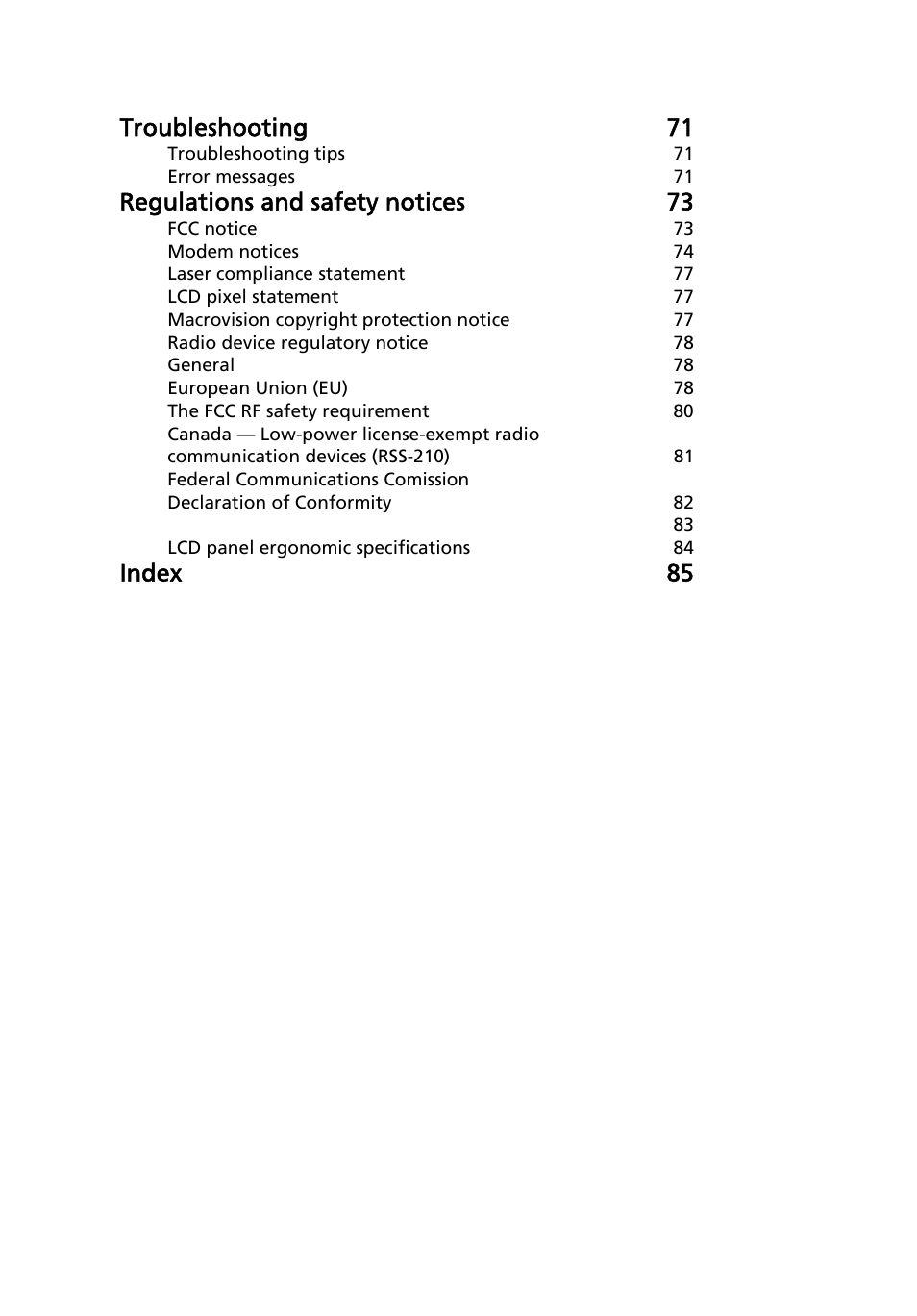 Troubleshooting 71, Regulations and safety notices 73, Index 85 | Aspire Digital 4715Z User Manual | Page 20 / 106