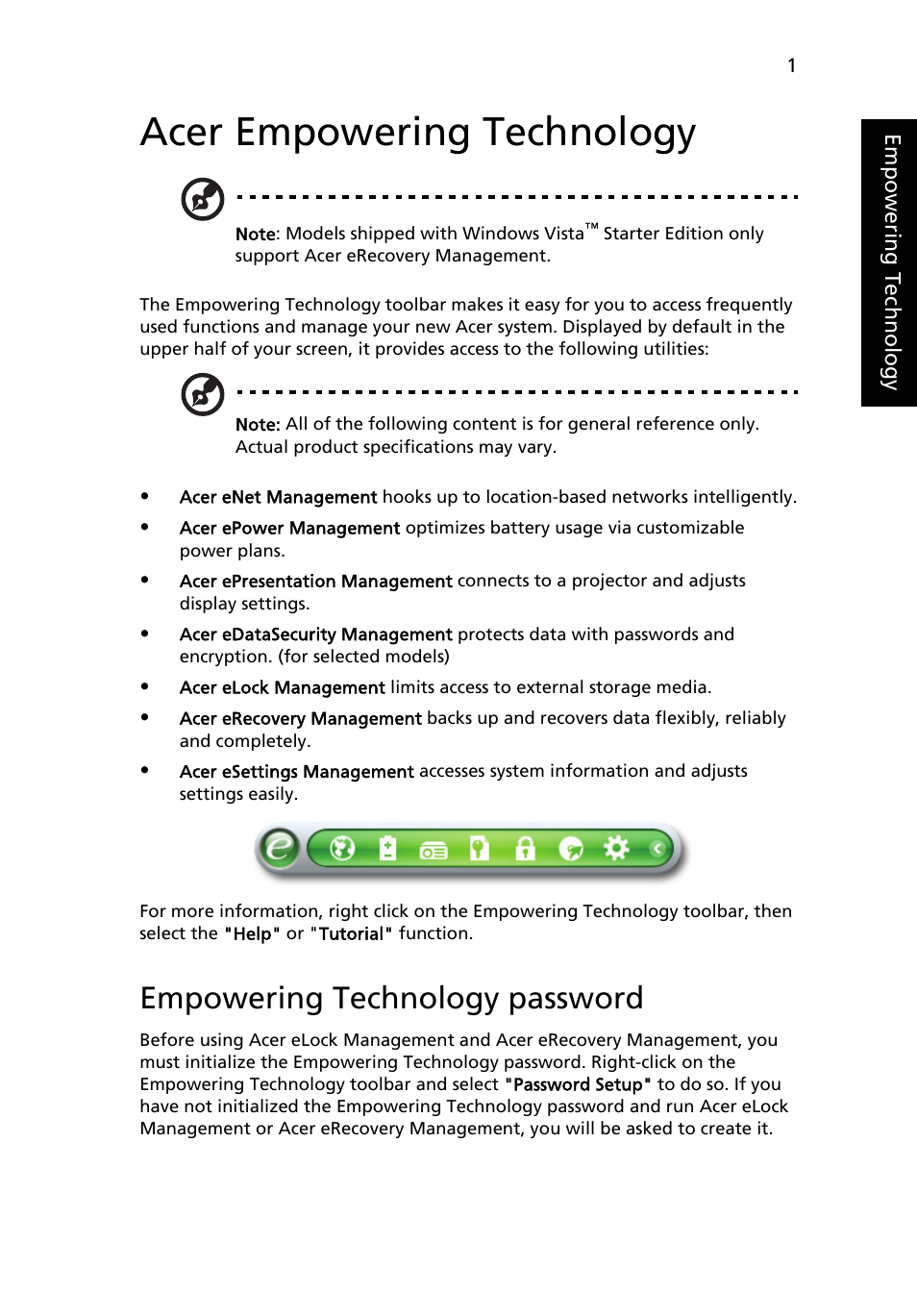 Acer empowering technology, Empowering technology password | Aspire Digital 4715Z User Manual | Page 21 / 106