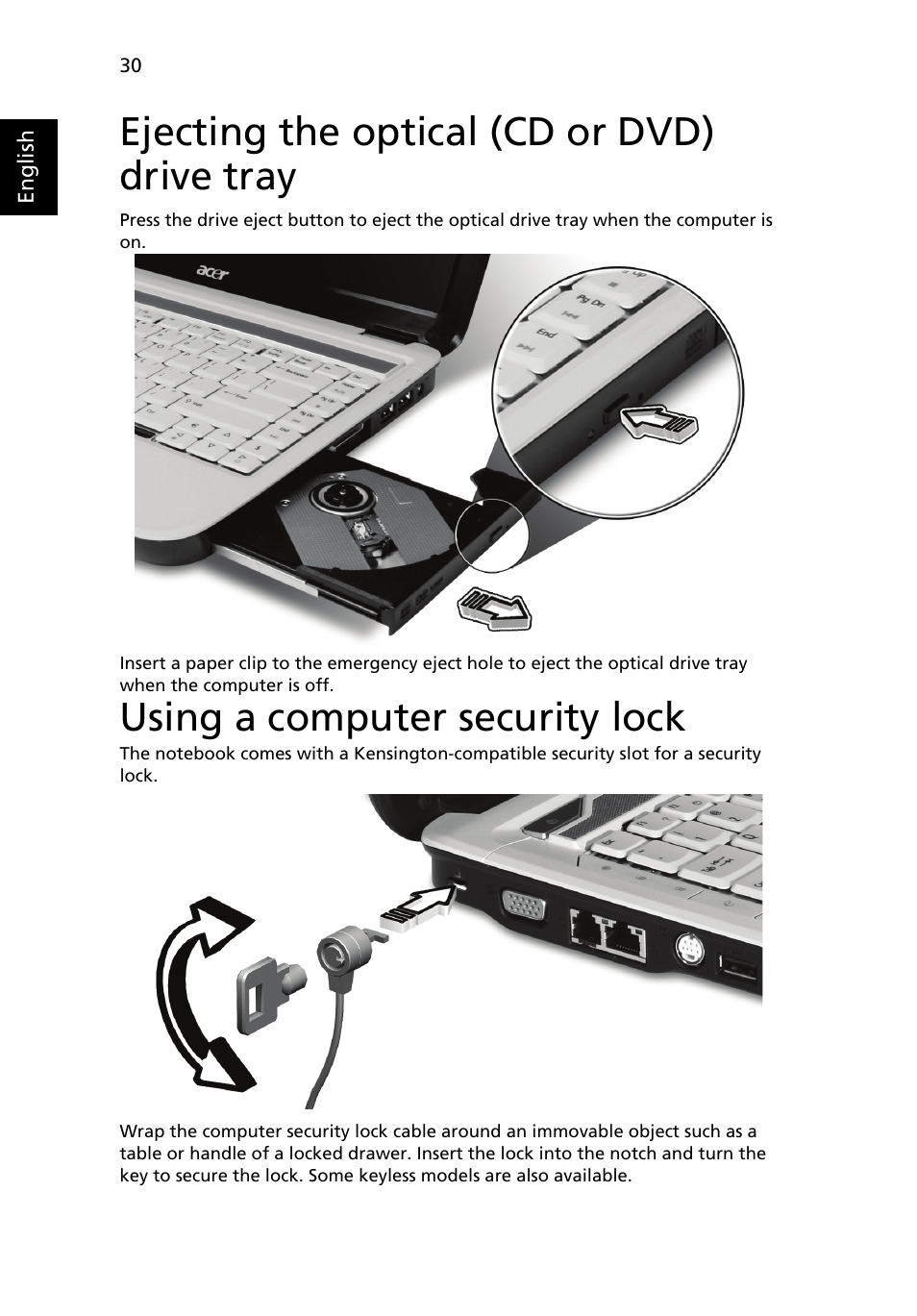 Ejecting the optical (cd or dvd) drive tray, Using a computer security lock | Aspire Digital 4715Z User Manual | Page 50 / 106