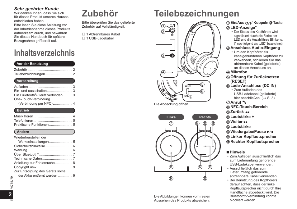 Inhaltsverzeichnis teilebezeichnungen, Zubehör | Panasonic RPBTD10E User Manual | Page 10 / 122