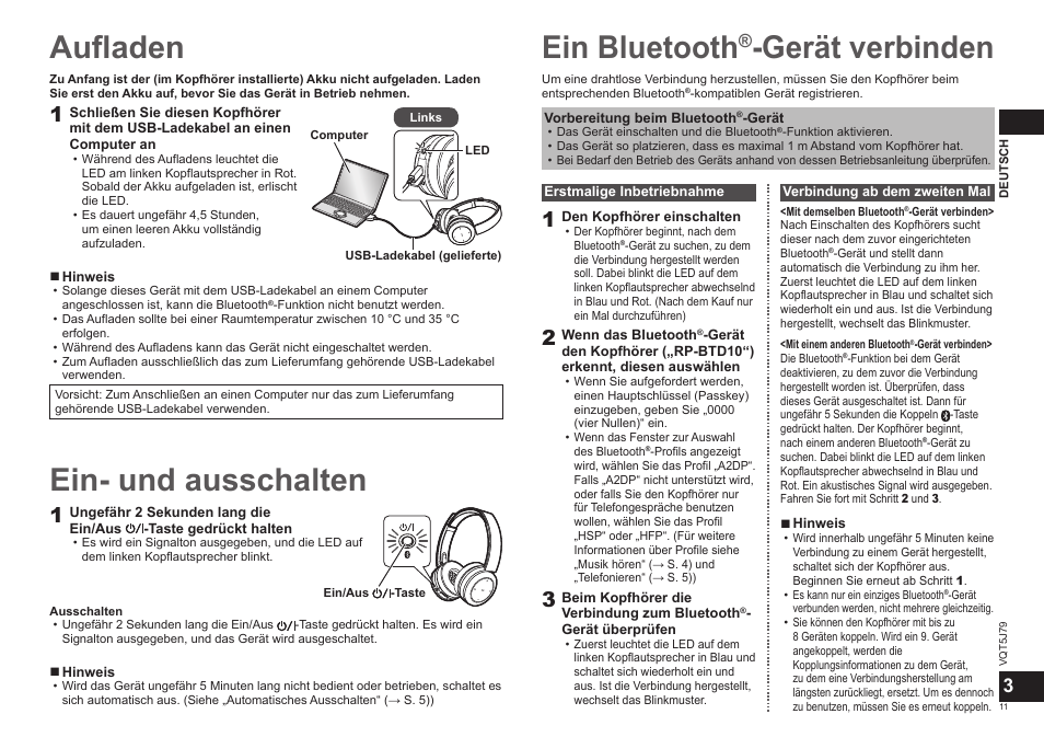 Aufladen, Ein bluetooth, Gerät verbinden | Ein- und ausschalten | Panasonic RPBTD10E User Manual | Page 11 / 122