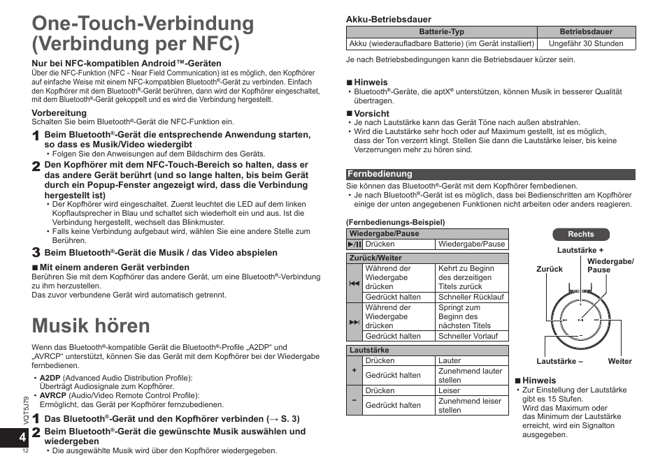 Musik hören, One-touch-verbindung (verbindung per nfc) | Panasonic RPBTD10E User Manual | Page 12 / 122