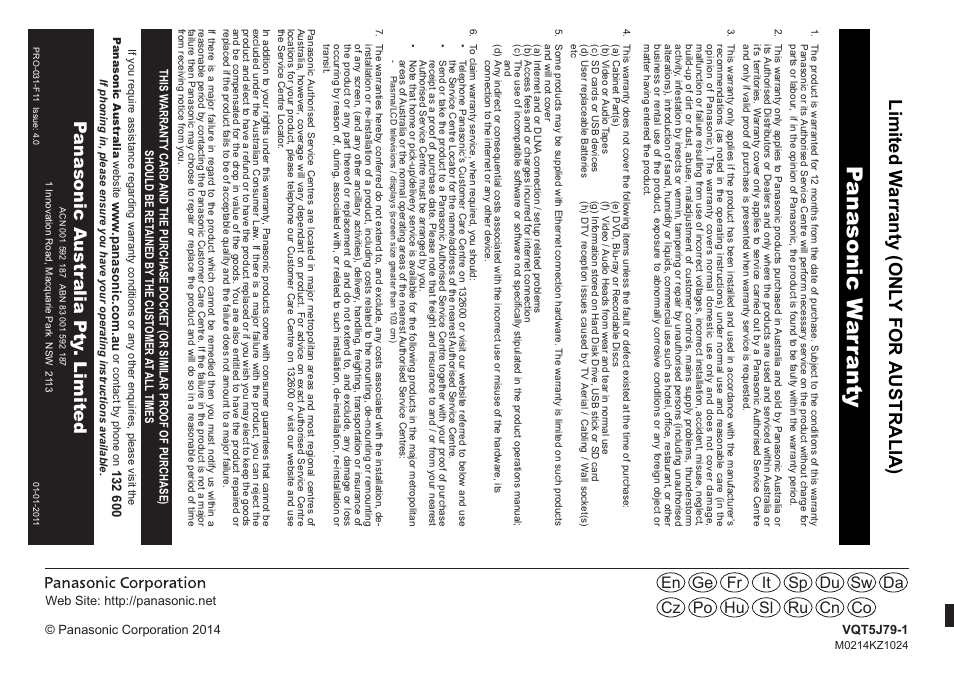 Panasonic w a rr anty, Panasonic a ustr alia pty . limited, Da sw du sp it fr ge en co cn ru sl hu po cz | Panasonic RPBTD10E User Manual | Page 122 / 122