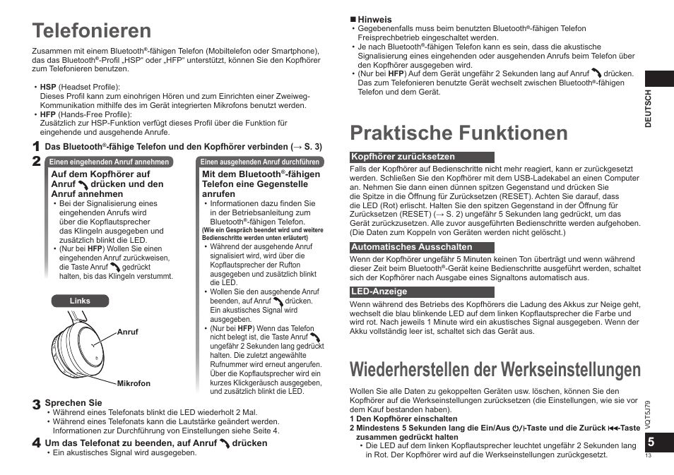 Telefonieren, Praktische funktionen, Wiederherstellen der werkseinstellungen | Panasonic RPBTD10E User Manual | Page 13 / 122