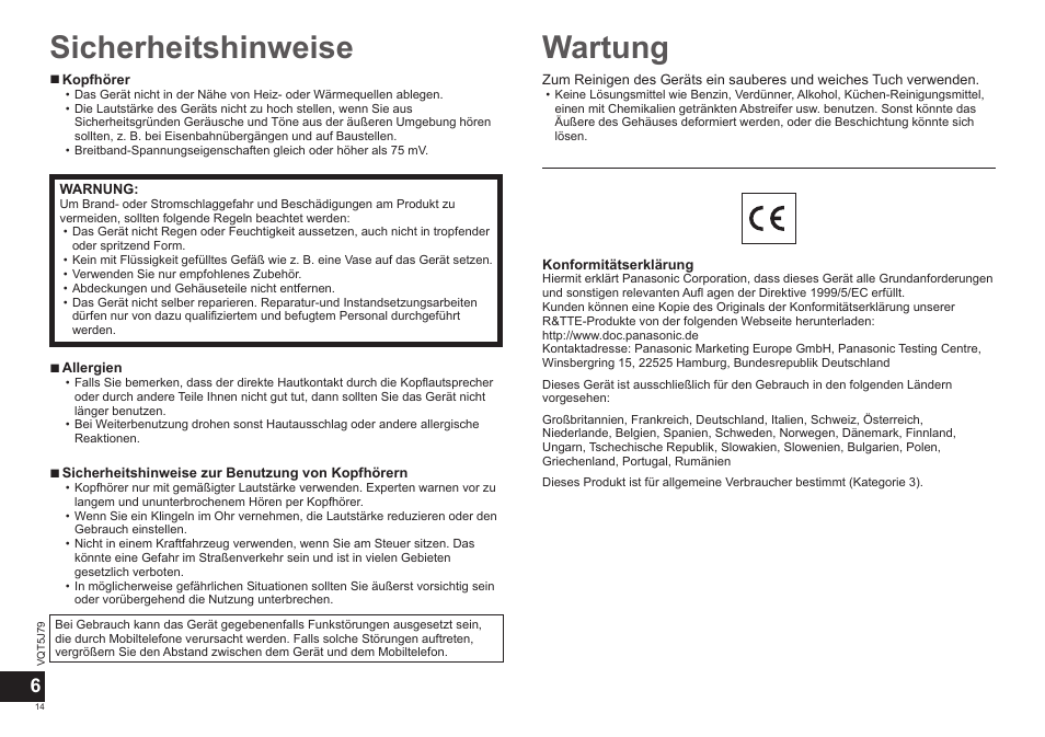 Sicherheitshinweise, Wartung | Panasonic RPBTD10E User Manual | Page 14 / 122