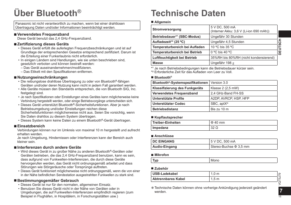 Über bluetooth, Technische daten | Panasonic RPBTD10E User Manual | Page 15 / 122