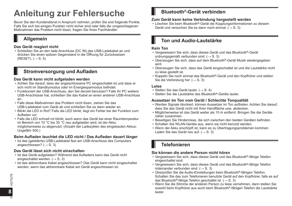 Anleitung zur fehlersuche, Allgemein, Stromversorgung und aufladen | Bluetooth, Gerät verbinden, Ton und audio-lautstärke, Telefonieren | Panasonic RPBTD10E User Manual | Page 16 / 122