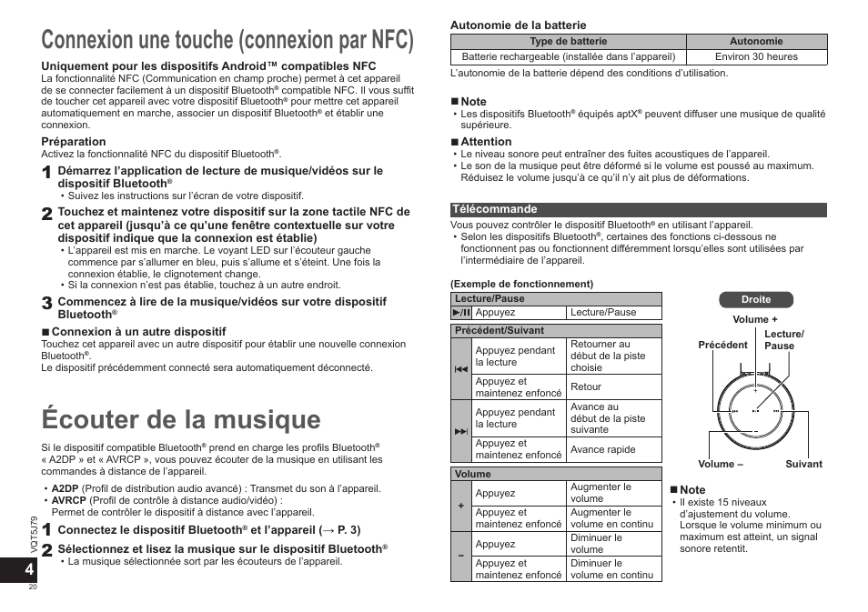 Écouter de la musique, Connexion une touche (connexion par nfc) | Panasonic RPBTD10E User Manual | Page 20 / 122