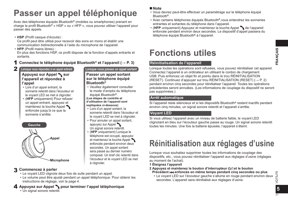Passer un appel téléphonique, Fonctions utiles, Réinitialisation aux réglages d’usine | Panasonic RPBTD10E User Manual | Page 21 / 122