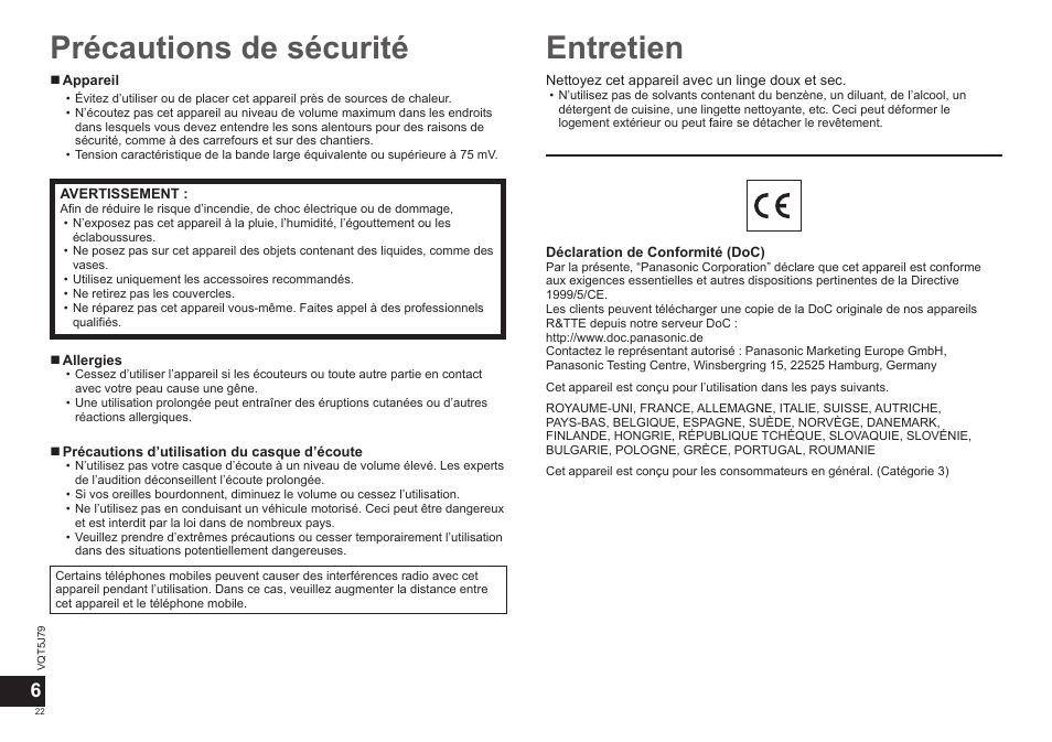Précautions de sécurité, Entretien | Panasonic RPBTD10E User Manual | Page 22 / 122