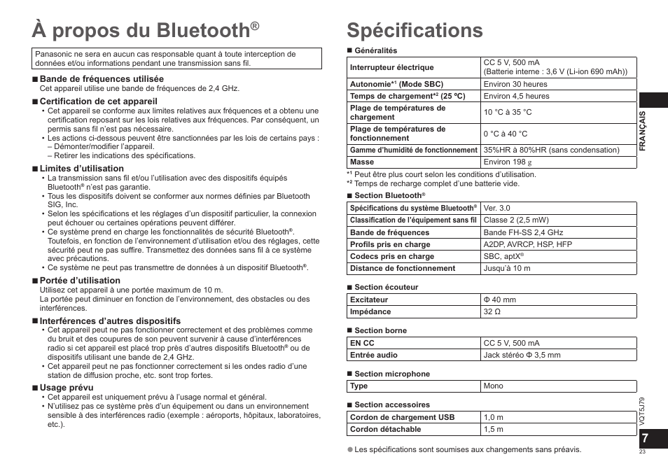 À propos du bluetooth, Spécifications | Panasonic RPBTD10E User Manual | Page 23 / 122